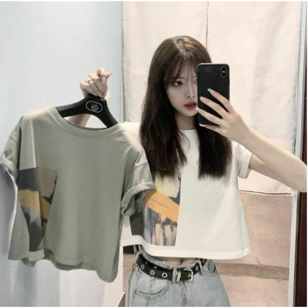 ショート丈 プリント Tシャツ XL 韓国 オルチャン ストリート ホワイト レディースのトップス(Tシャツ(半袖/袖なし))の商品写真