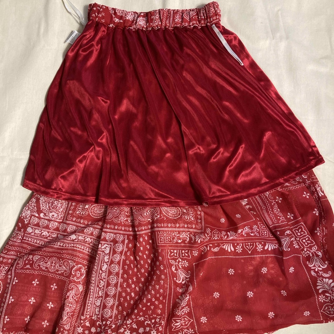 【美品】シフォン スカート 丈70cm  Ｍ　赤 バンダナ柄 レディースのスカート(ロングスカート)の商品写真
