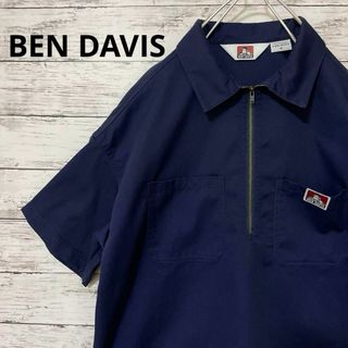 BEN DAVIS - BEN DAVIS 刺繍入りハーフジップワークシャツ 半袖シャツ 紺 定番