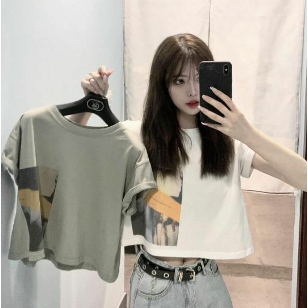 ショート丈 プリント Tシャツ L 韓国 オルチャン ストリート ベージュ レディースのトップス(Tシャツ(半袖/袖なし))の商品写真