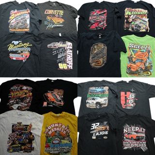 古着卸 まとめ売り レーシング 半袖Tシャツ 16枚セット (メンズ XL /2XL ) 大判プリント カラー系 ブラック MS9755(その他)