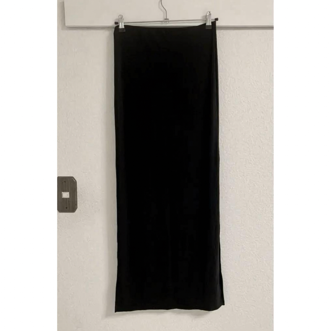 108cm丈ストレッチ ロングスカート  黒 ブラック レディースのスカート(ロングスカート)の商品写真