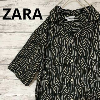 ザラ(ZARA)のZARA シワ加工 総柄オープンカラーシャツ 半袖シャツ 開襟シャツ モノクロ(シャツ)