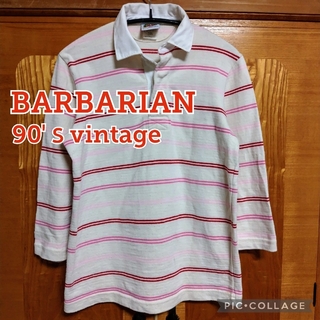 Barbarian - ■90′ｓビンテージ【BARBARIAN】ラガーシャツ、生成×桃×赤、Мくらい