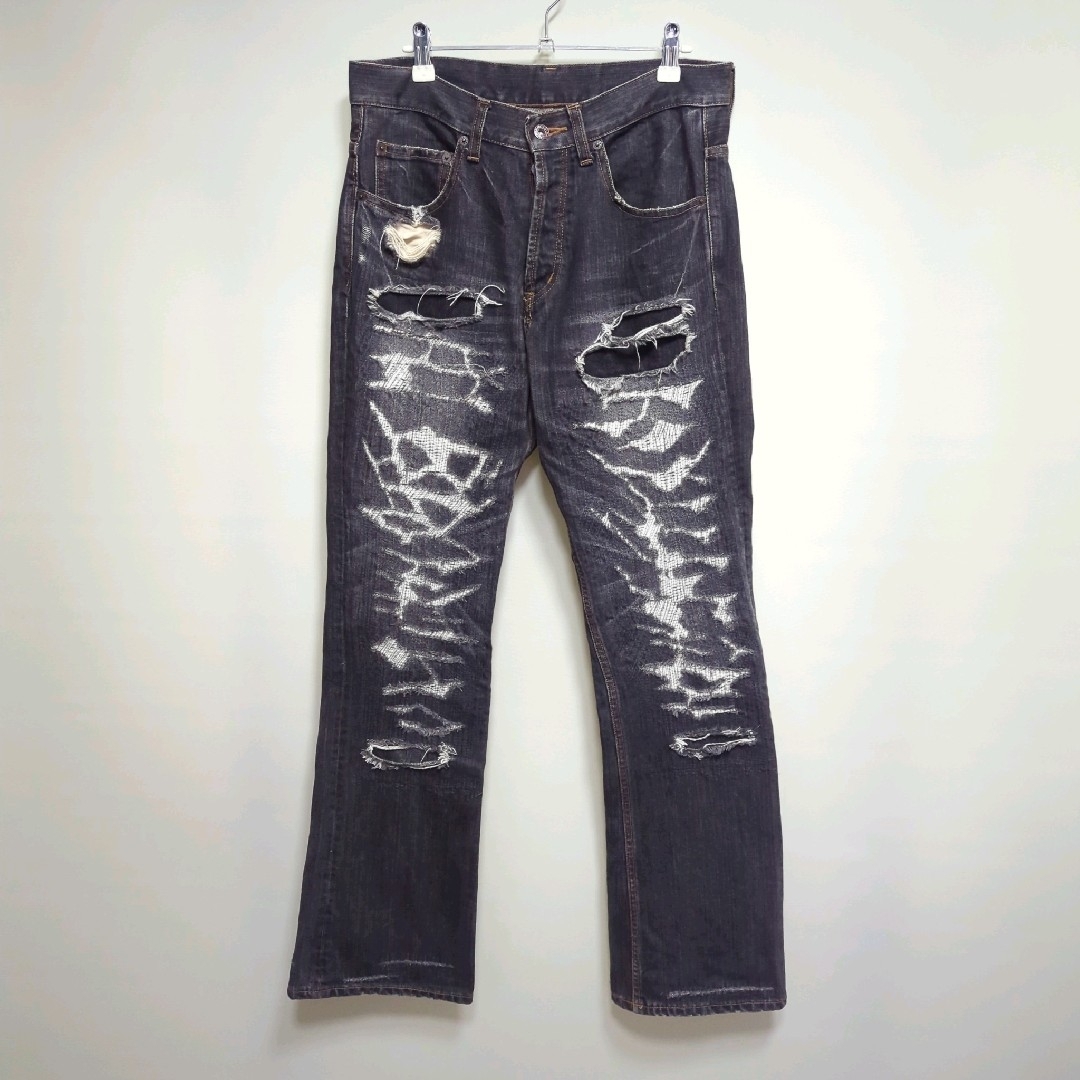 tetei - ☆tetei ど根性DENIM ダメージ加工 リペア ブラック tetei - ☆tetei ど根性DENIM ダメージ加工 リペア ブラック