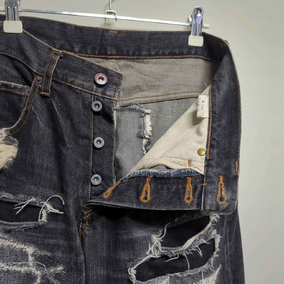 tetei - ☆tetei ど根性DENIM ダメージ加工 リペア ブラック tetei - ☆tetei ど根性DENIM ダメージ加工 リペア ブラック