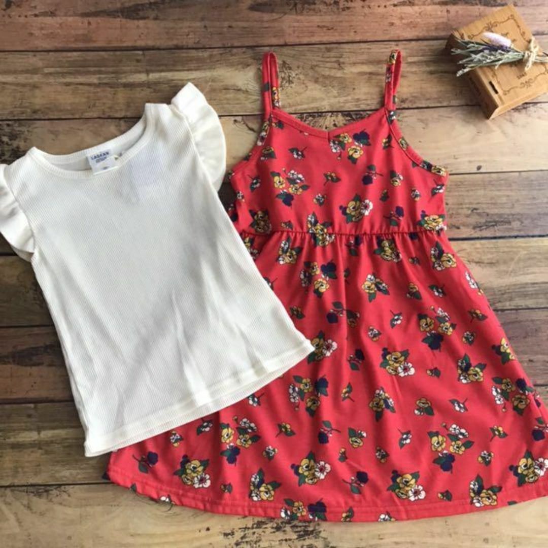 【100】ラグカウ リブ カットソー + 花柄キャミソールワンピース キッズ/ベビー/マタニティのキッズ服女の子用(90cm~)(ワンピース)の商品写真