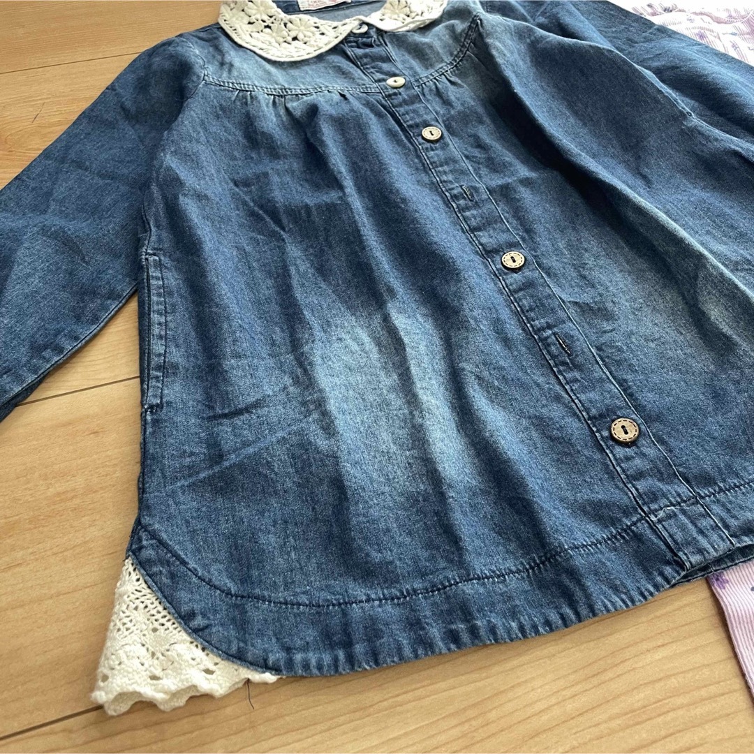 デニムワンピ シャツワンピース デニム レース 110cm レギンス ズボン  キッズ/ベビー/マタニティのキッズ服女の子用(90cm~)(ワンピース)の商品写真