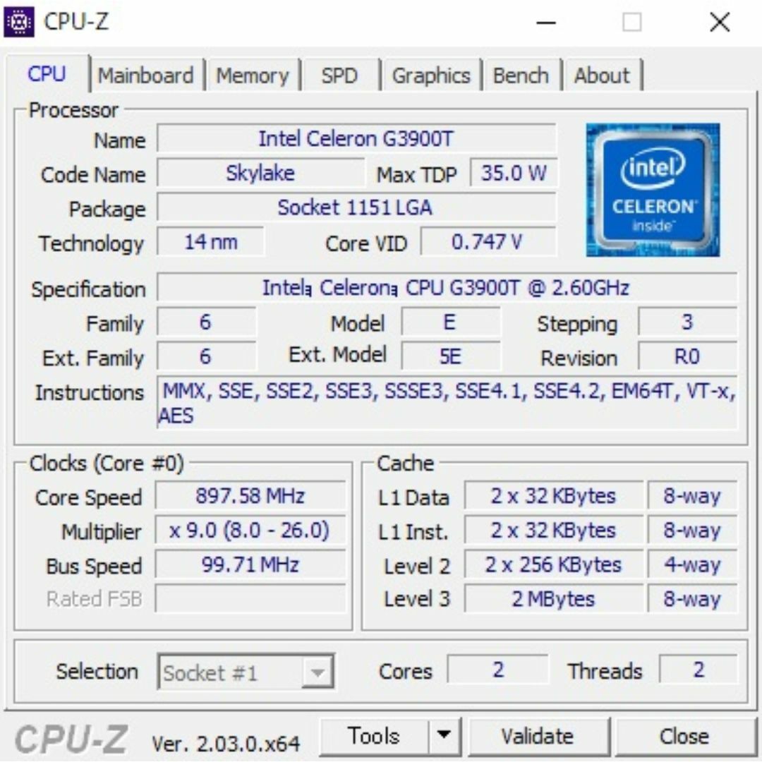 intel(インテル)のIntel CPU Celeron G3900T 本体 LGA1151 PC スマホ/家電/カメラのPC/タブレット(PCパーツ)の商品写真