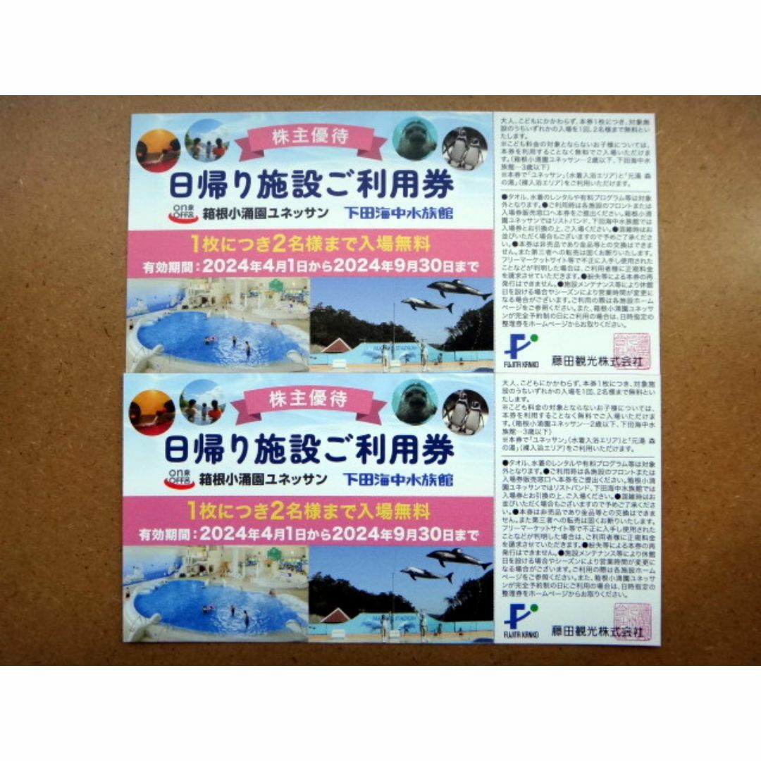 藤田観光株主優待☆日帰り施設ご利用券２枚ｾｯﾄ (箱根ユネッサン、下田水族館)  チケットの施設利用券(遊園地/テーマパーク)の商品写真