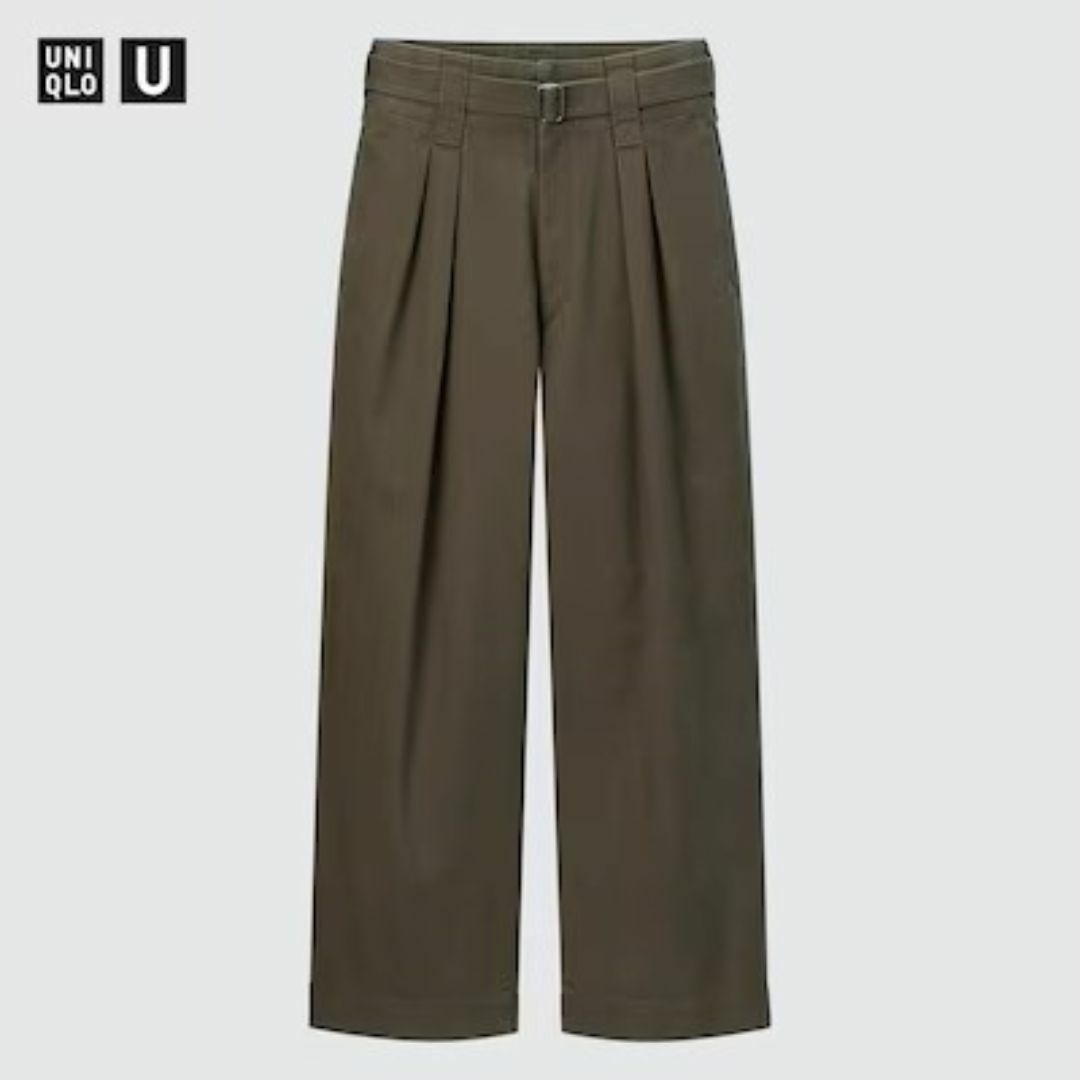 UNIQLO(ユニクロ)の【限定セール】《ユニクロＵ》ベルテッドタックワイドパンツ Ｗ67 オリーブ レディースのパンツ(カジュアルパンツ)の商品写真