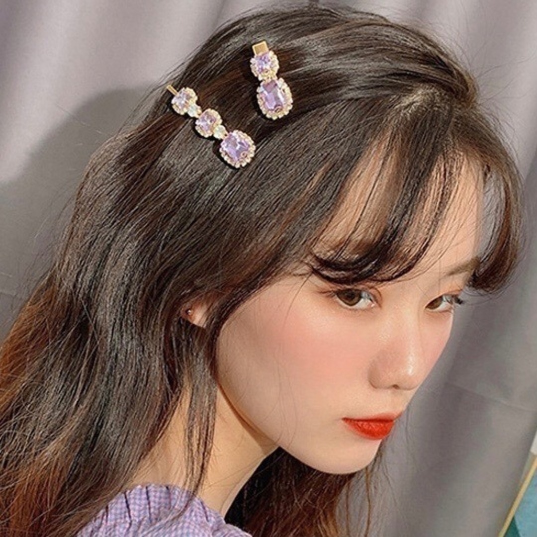 【残りわずか】キラキラ　紫　ヘアピン　ゴールド　韓国　パール　パーティー レディースのヘアアクセサリー(ヘアピン)の商品写真