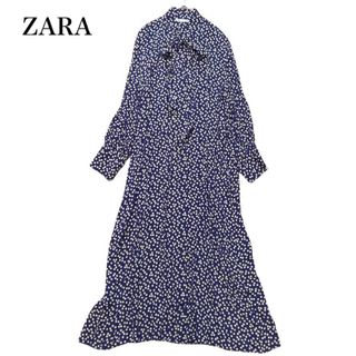 ザラ(ZARA)のザラ ボウタイ ドット柄 ワンピース マキシ丈 大きいサイズ XL 紺 黄(ロングワンピース/マキシワンピース)