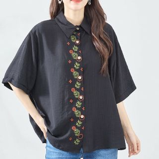 【ブラック】TRUBE  フラワー刺繍半袖シャツ(シャツ/ブラウス(半袖/袖なし))