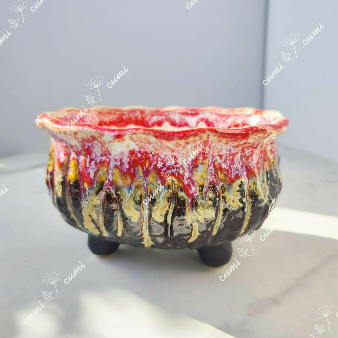 【複割】韓国 炎 レッド フラワー ピンク 植木鉢 おしゃれ 北欧 室内 陶器鉢 ハンドメイドのフラワー/ガーデン(プランター)の商品写真