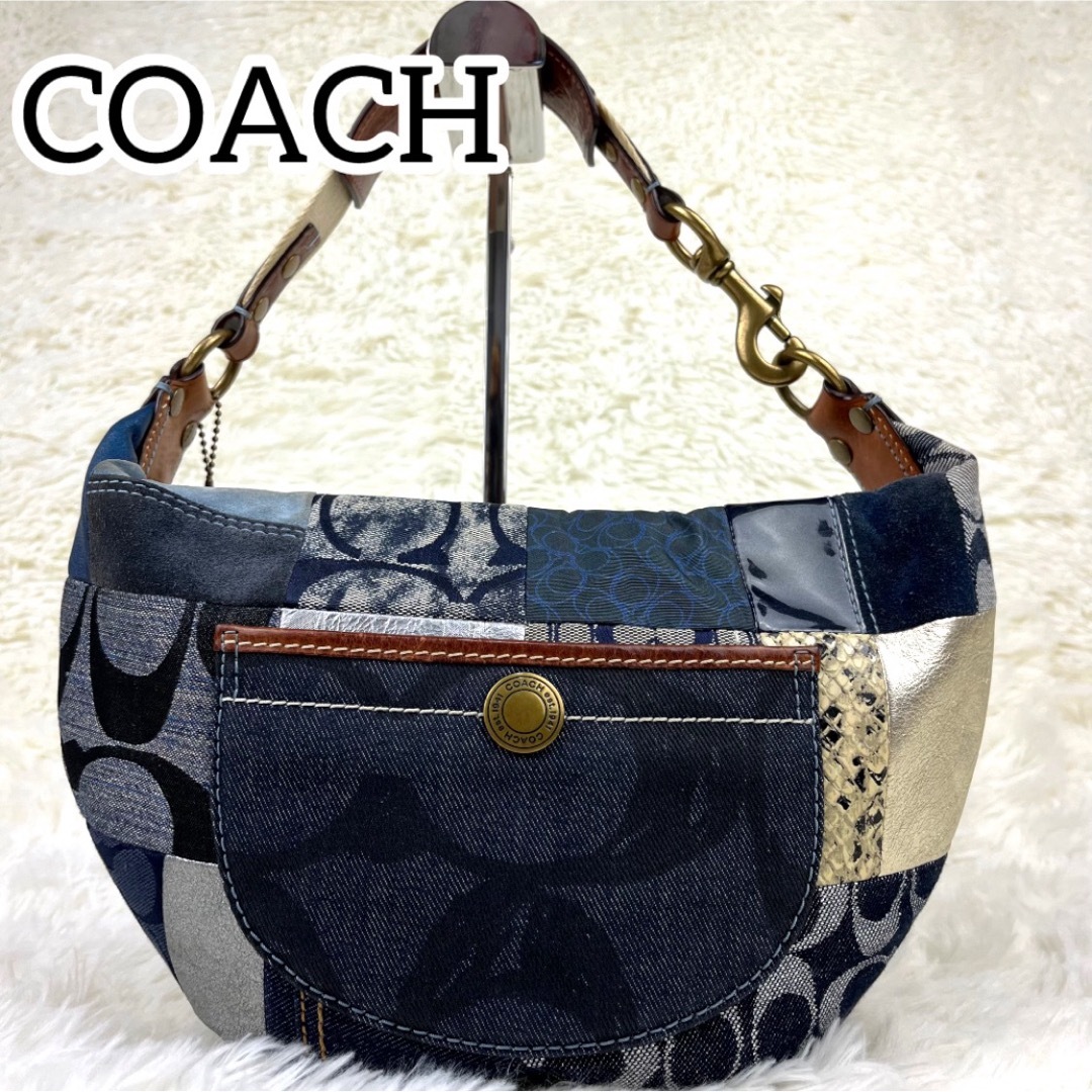 COACH(コーチ)の希少✨極美品　コーチ ハンドバッグ シグネチャー パッチワーク デニム パイソン レディースのバッグ(ショルダーバッグ)の商品写真