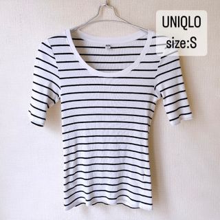 ユニクロ(UNIQLO)のUNIQLO   リブ　ボーダー　UネックT    五分袖　オフホワイト　S  (Tシャツ(半袖/袖なし))