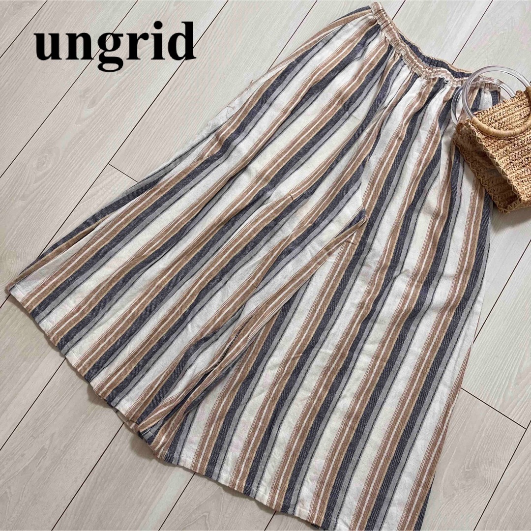 Ungrid(アングリッド)のungrid 美品　マルチカラー　ストライプ　ワイドフレアパンツ　リネン レディースのパンツ(カジュアルパンツ)の商品写真