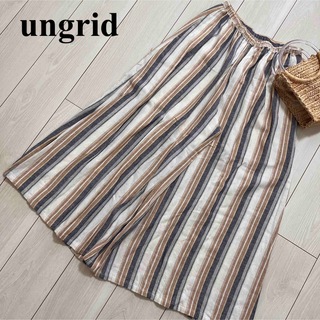 Ungrid - ungrid 美品　マルチカラー　ストライプ　ワイドフレアパンツ　リネン