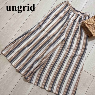 アングリッド(Ungrid)のungrid 美品　マルチカラー　ストライプ　ワイドフレアパンツ　リネン(カジュアルパンツ)