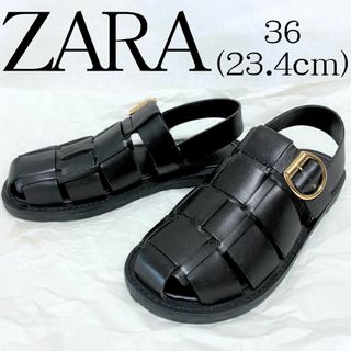 ザラ(ZARA)のZARA グルカサンダル ブラック 36 牛革 レザーケージサンダル ザラ 美品(サンダル)