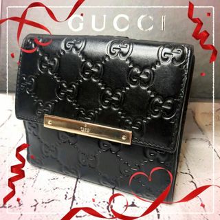 グッチ(Gucci)の【美品】グッチ 二つ折り財布 シマ ゴールドロゴプレート Wホック／ブラック(財布)