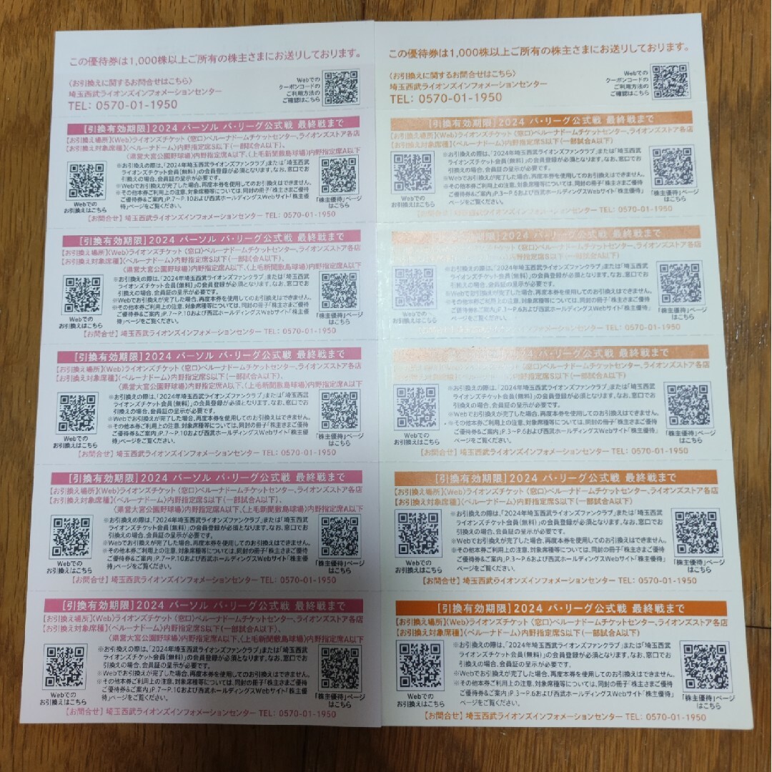 西武　株主優待　西武ライオンズ　内野指定席引換券　合計10枚 チケットの施設利用券(その他)の商品写真