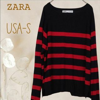 ZARA - b2188【ザラ】洗える長袖ニットセーター 紺色×赤ボーダー ボートネック薄手M