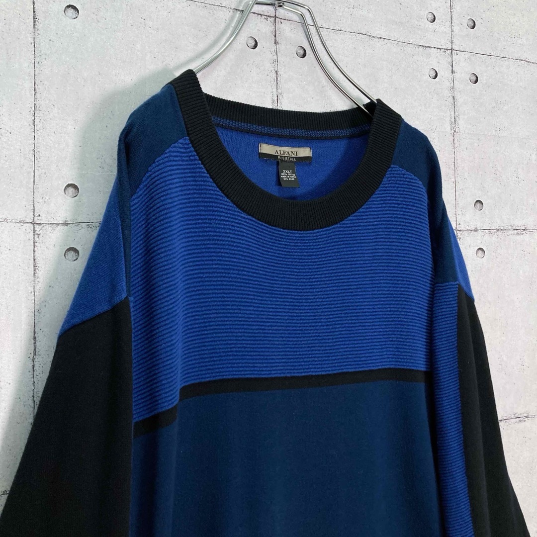 【人気カラー】90s ALFANI コットンニットソー ブルー×ブラック 2XL メンズのトップス(ニット/セーター)の商品写真