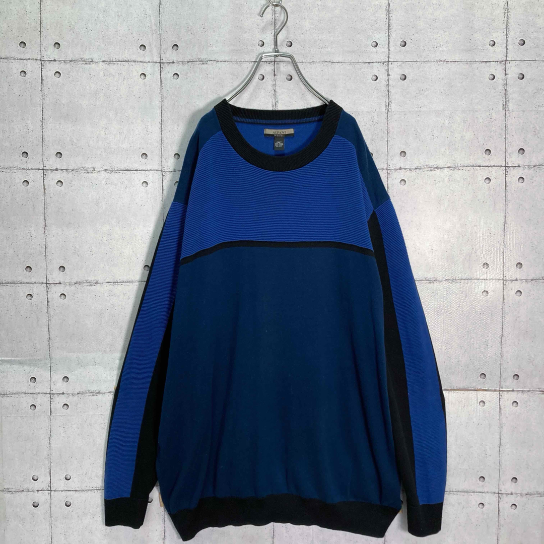 【人気カラー】90s ALFANI コットンニットソー ブルー×ブラック 2XL メンズのトップス(ニット/セーター)の商品写真