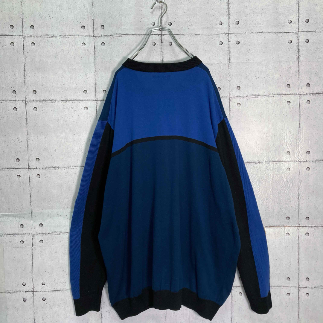 【人気カラー】90s ALFANI コットンニットソー ブルー×ブラック 2XL メンズのトップス(ニット/セーター)の商品写真