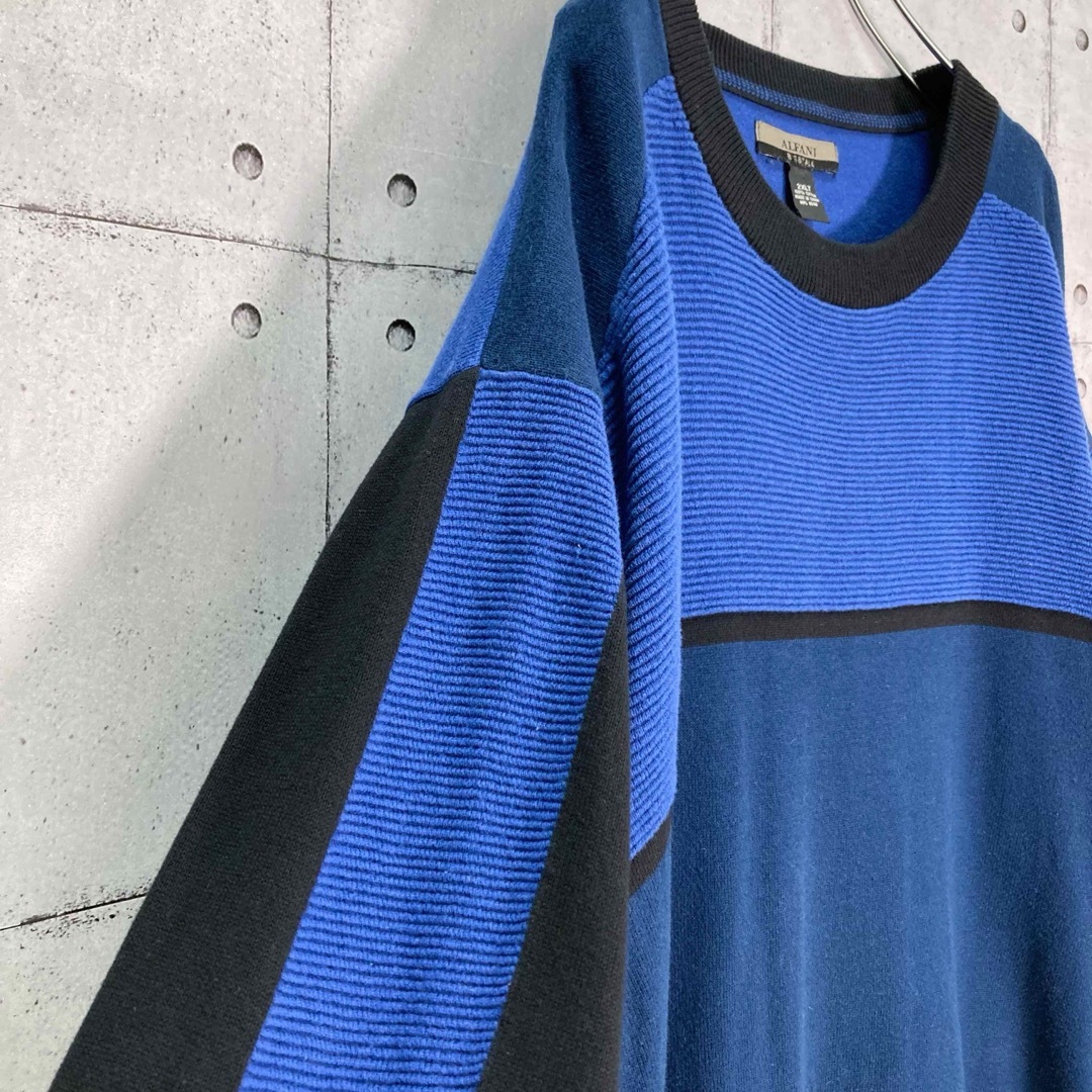 【人気カラー】90s ALFANI コットンニットソー ブルー×ブラック 2XL メンズのトップス(ニット/セーター)の商品写真