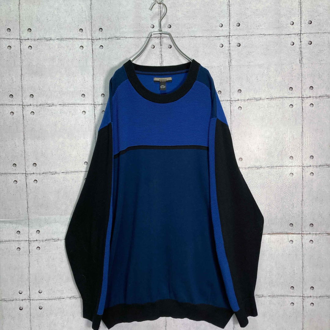 【人気カラー】90s ALFANI コットンニットソー ブルー×ブラック 2XL メンズのトップス(ニット/セーター)の商品写真