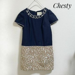 チェスティ(Chesty)のChesty　 ワンピース　紺　ビジュー　レオパード　S    チェスティ(ミニワンピース)