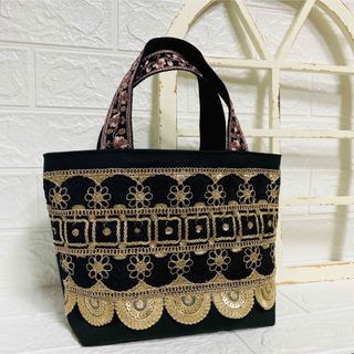 NEW★インド刺繍リボン　トートバッグ　ハンドバッグ　ハンドメイド　帆布(バッグ)