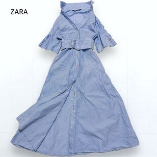 ZARA - 美品＊ZARA スキッパー ロングシャツワンピース 金ボタン 青ストライプ S