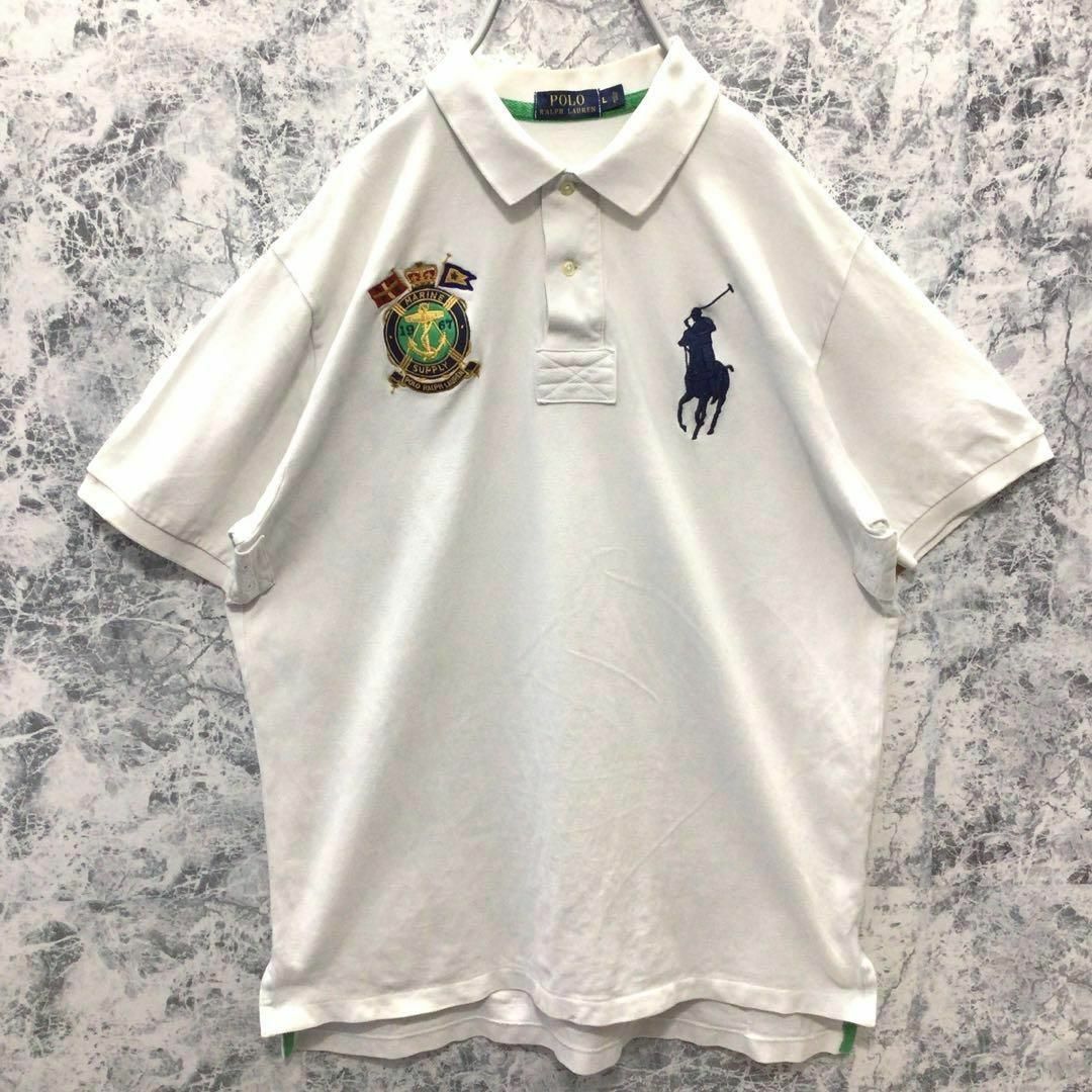 POLO RALPH LAUREN(ポロラルフローレン)のT11【ダメージ加工】US古着ポロラルフローレンデカ刺繍ロゴポロシャツ希少一点物 メンズのトップス(ポロシャツ)の商品写真