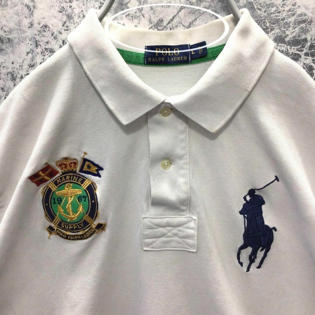 POLO RALPH LAUREN(ポロラルフローレン)のT11【ダメージ加工】US古着ポロラルフローレンデカ刺繍ロゴポロシャツ希少一点物 メンズのトップス(ポロシャツ)の商品写真