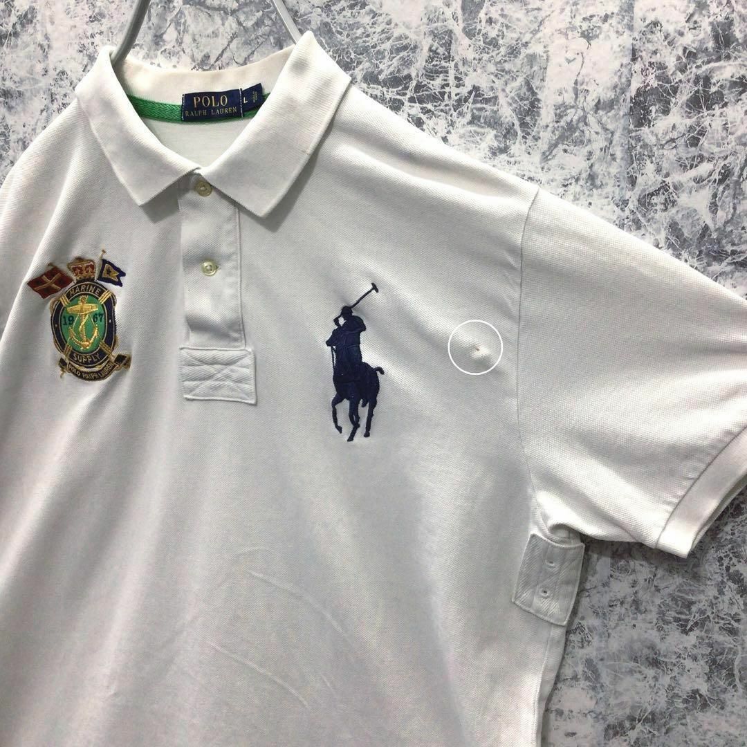 POLO RALPH LAUREN(ポロラルフローレン)のT11【ダメージ加工】US古着ポロラルフローレンデカ刺繍ロゴポロシャツ希少一点物 メンズのトップス(ポロシャツ)の商品写真