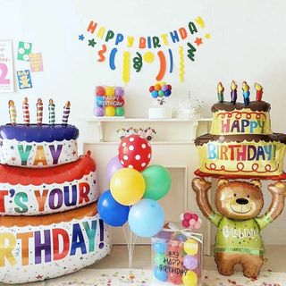 【色:ケーキ+クマ】特大サイズ！誕生日バルーン アルミ パーティーグッズ ケーキ(その他)