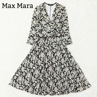 マックスマーラ(Max Mara)の近年モデル 極美品 マックスマーラ カシュクールワンピース 花柄 黒 XS(ロングワンピース/マキシワンピース)