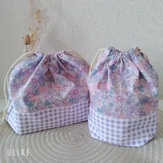 ２つセット　お弁当袋　コップ袋　ラベンダー花柄(外出用品)