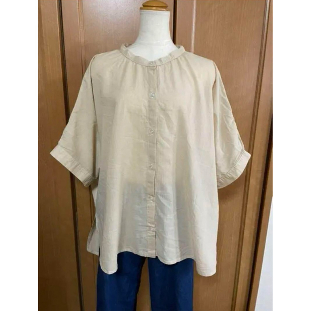 6-43  ベージュゆったりドルマンバンドカラーシャツブラウス レディースのトップス(Tシャツ(半袖/袖なし))の商品写真