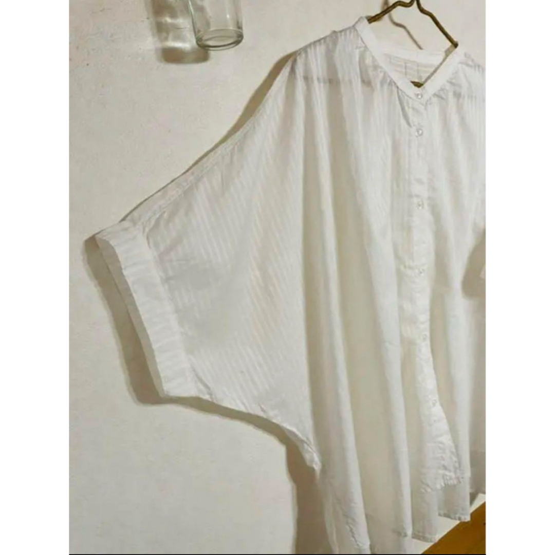 6-44  ホワイトゆったりドルマンバンドカラーシャツブラウス メンズのトップス(Tシャツ/カットソー(半袖/袖なし))の商品写真