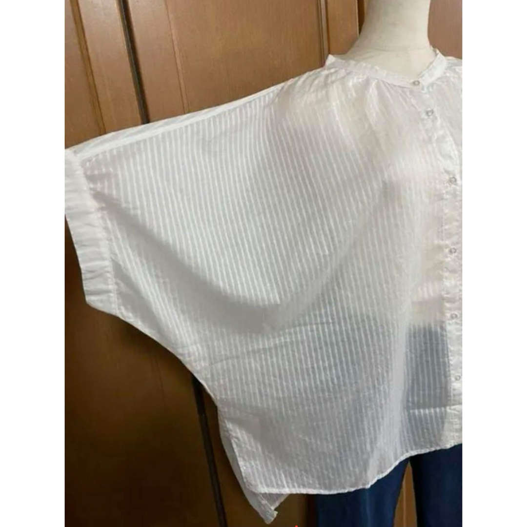 6-44  ホワイトゆったりドルマンバンドカラーシャツブラウス メンズのトップス(Tシャツ/カットソー(半袖/袖なし))の商品写真