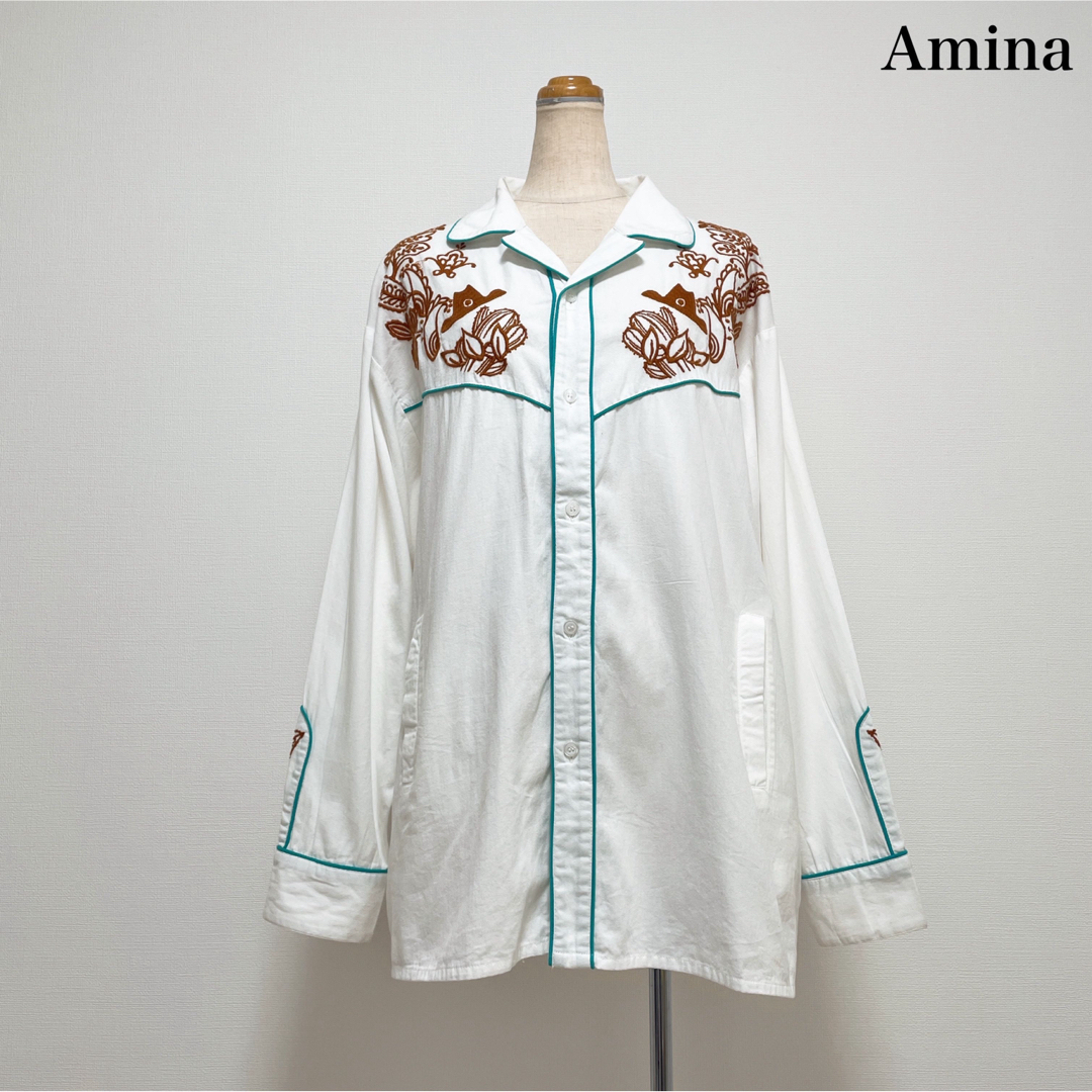 Amina アミナ オープンカラー刺繍シャツ ホワイト コットン インド製 メンズのトップス(シャツ)の商品写真