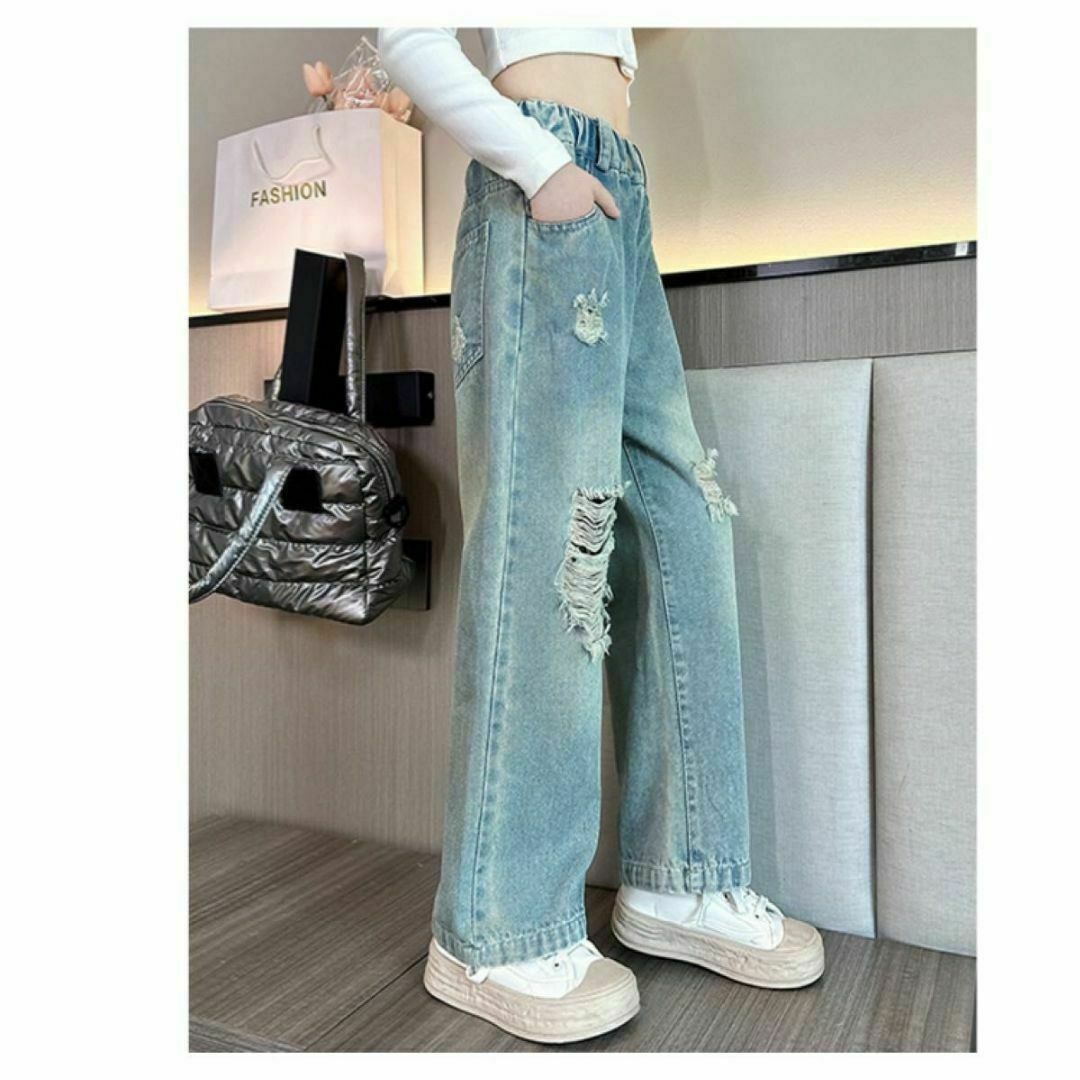K12 140cm キッズ 韓国風 女の子 ダメージジーンズ ジーパン キッズ/ベビー/マタニティのキッズ服女の子用(90cm~)(パンツ/スパッツ)の商品写真