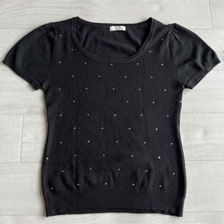 半袖Tシャツ　M ブラック　黒　古着　アクリル　伸縮性素材　袖短め　ストーン付き(Tシャツ(半袖/袖なし))