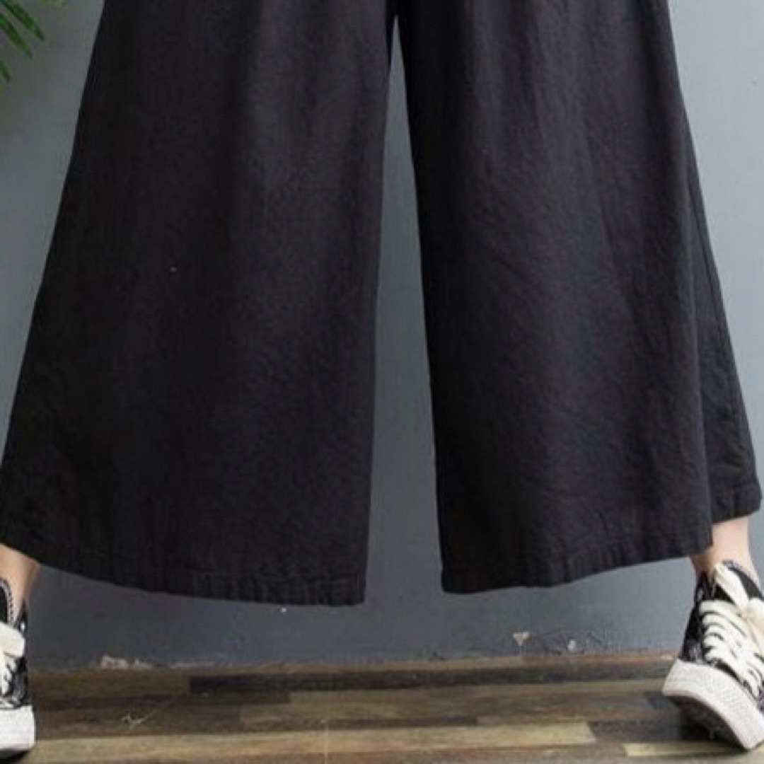 XL ワイドパンツ ガウチョパンツ ブラック 黒 大きいサイズ 綿 麻 涼しい レディースのパンツ(カジュアルパンツ)の商品写真