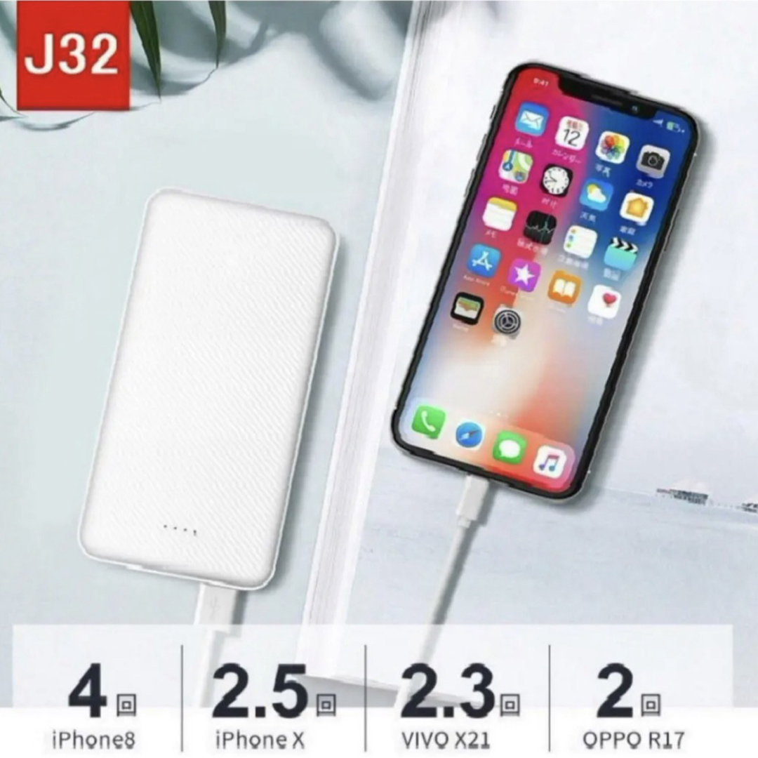 【最新型 J32】モバイルバッテリー 12000mAh おまけケーブル付き スマホ/家電/カメラのスマートフォン/携帯電話(バッテリー/充電器)の商品写真